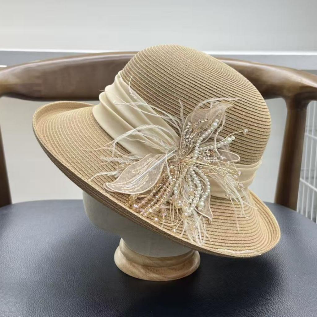 High-end straw hat women's summer seaside vacation sunscreen sunshade beach hat big edge crimped bucket hat bowler hat