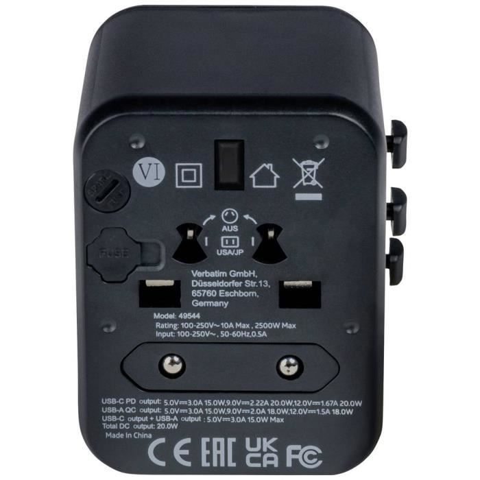 Adaptateur de voyage - VERBATIM - Universal Travel Adapter UTA-02 PD20W / QC / 1xUSB / 1xType-C