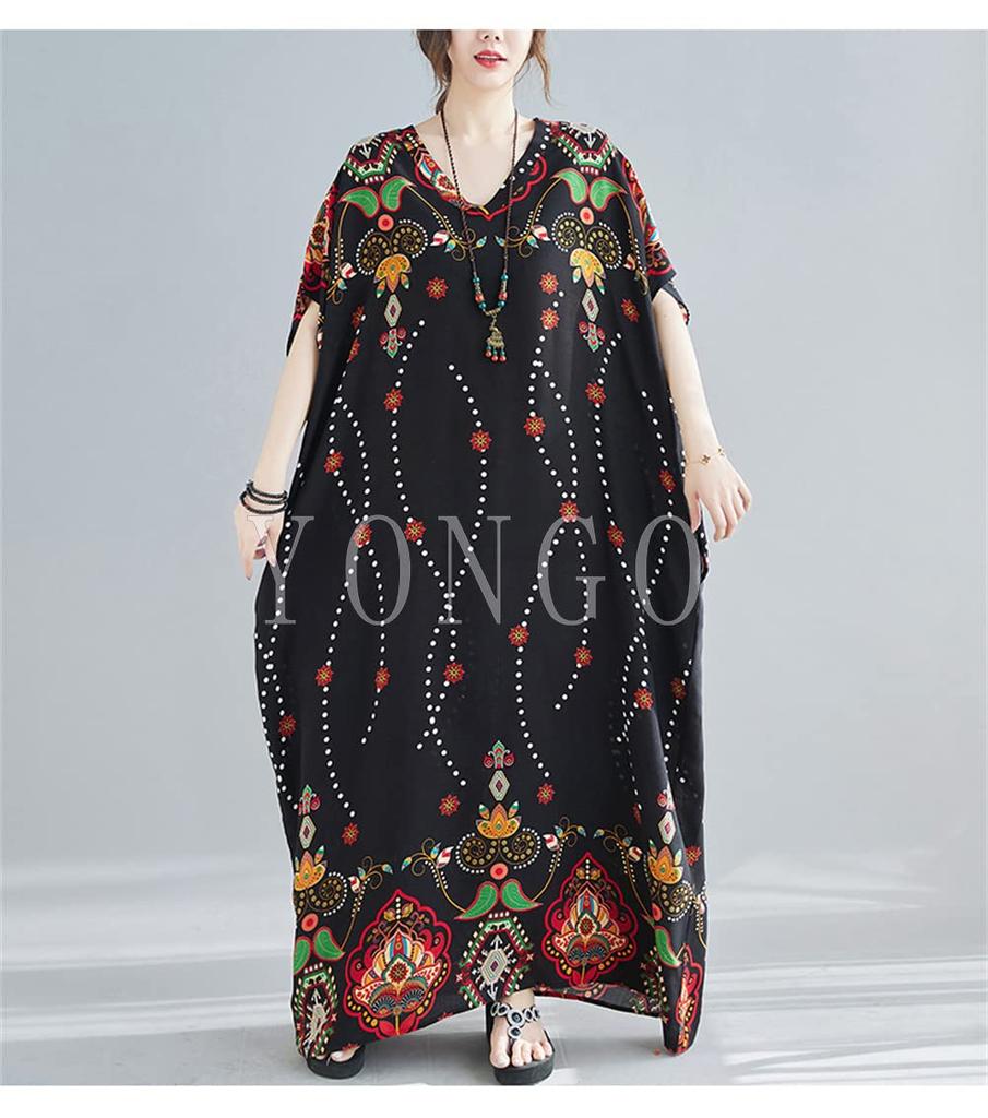 YONGO Maxi Long Short Loose Floral Plus Ethnic Resort Dress Women's Dress, Summer, Length, Sleeves, Fit, Print, V-Neck, Size, Retro, Style, (Free