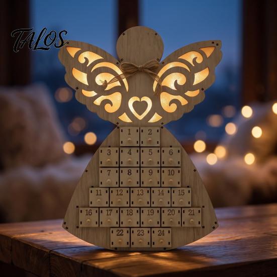 Christmas Light Up Decor Wooden Angel Advent Calendar with 24 Storage Drawers, Countdown for Home to Tabletop Decoration Winter Holiday Party Favors