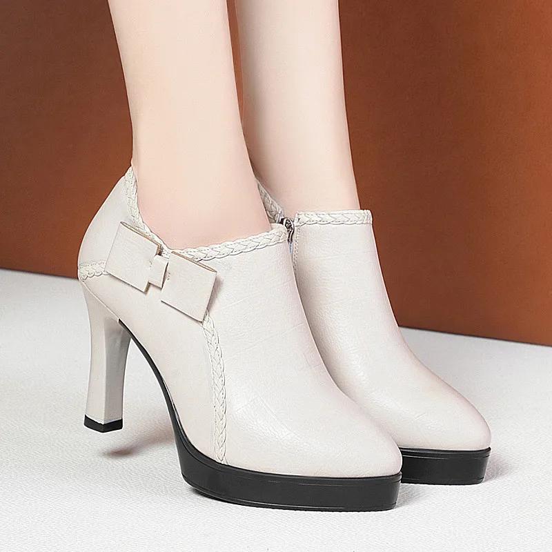 

7см 9см Удобные туфли на высоком блочном каблуке с глубоким вырезом и мехом 2025 Осень Зима Элегантные туфли-лодочки на платформе с бантом для женщин для офиса мамы 39