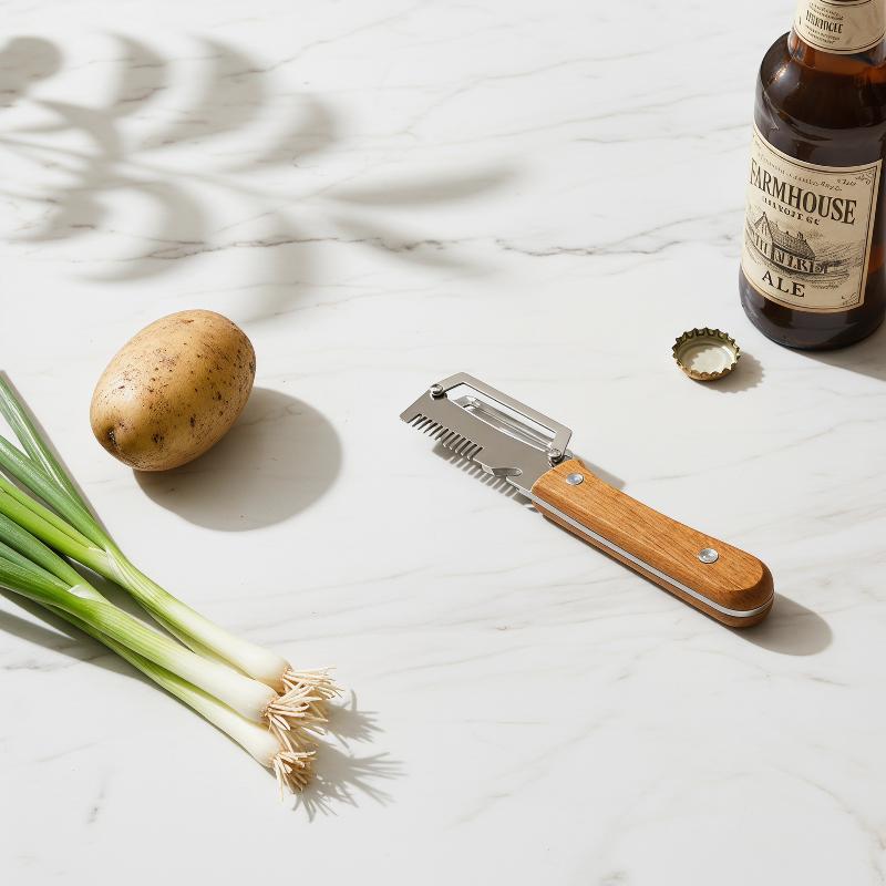 Multi-Functional 3-in-1 Stainless Steel Serrated Vegetable Peeler With Wooden Handle Slicer Bottle Opener Kitchen Tool7
