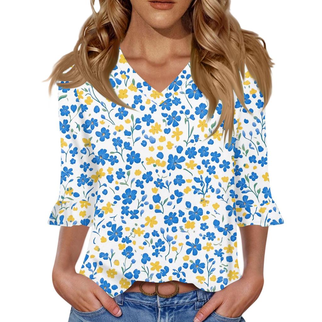 Women's Casual 3/4 Sleeve Tops V-Neck Sleeve T-Shirt Floral Print Tops