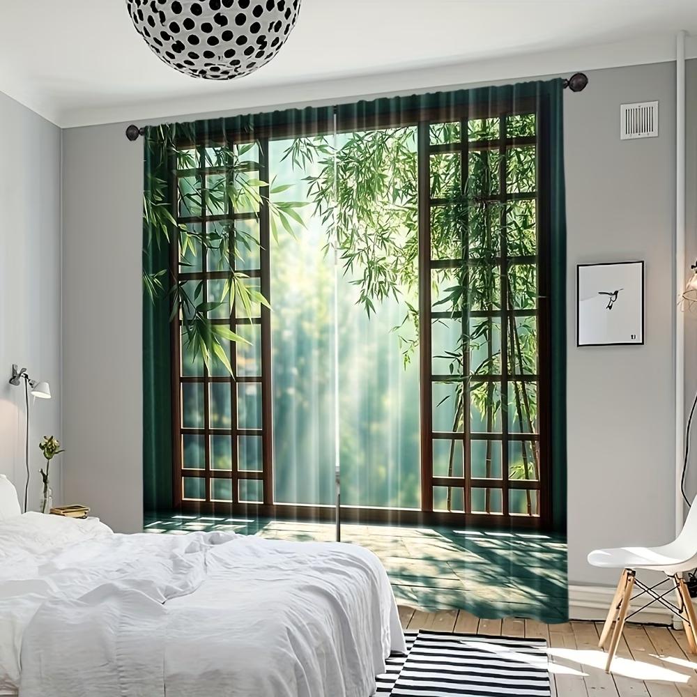 2PCS Digital Printed Curtains, Bamboo Forest Broken Window View Nature, Window Curtains for Living Room Bedroom Home Decoration
