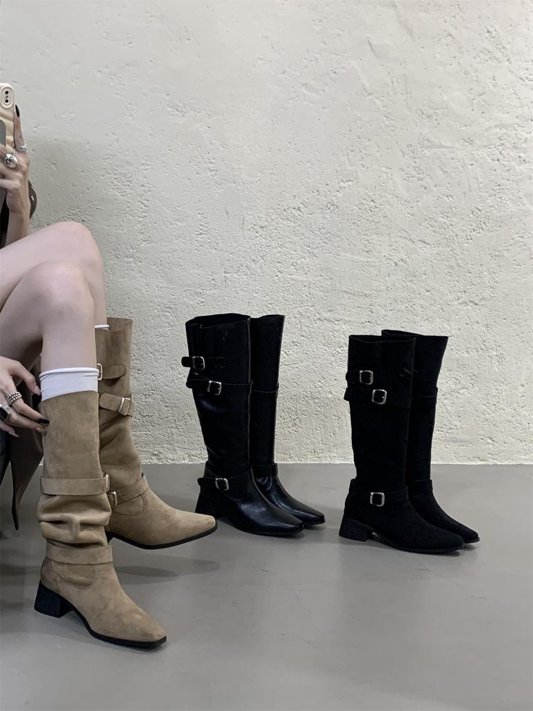 Khaki High Heel Suede Pile Medium Boots Women's Boots 2025 Fall Winter Western Skinny Long Knight Boots