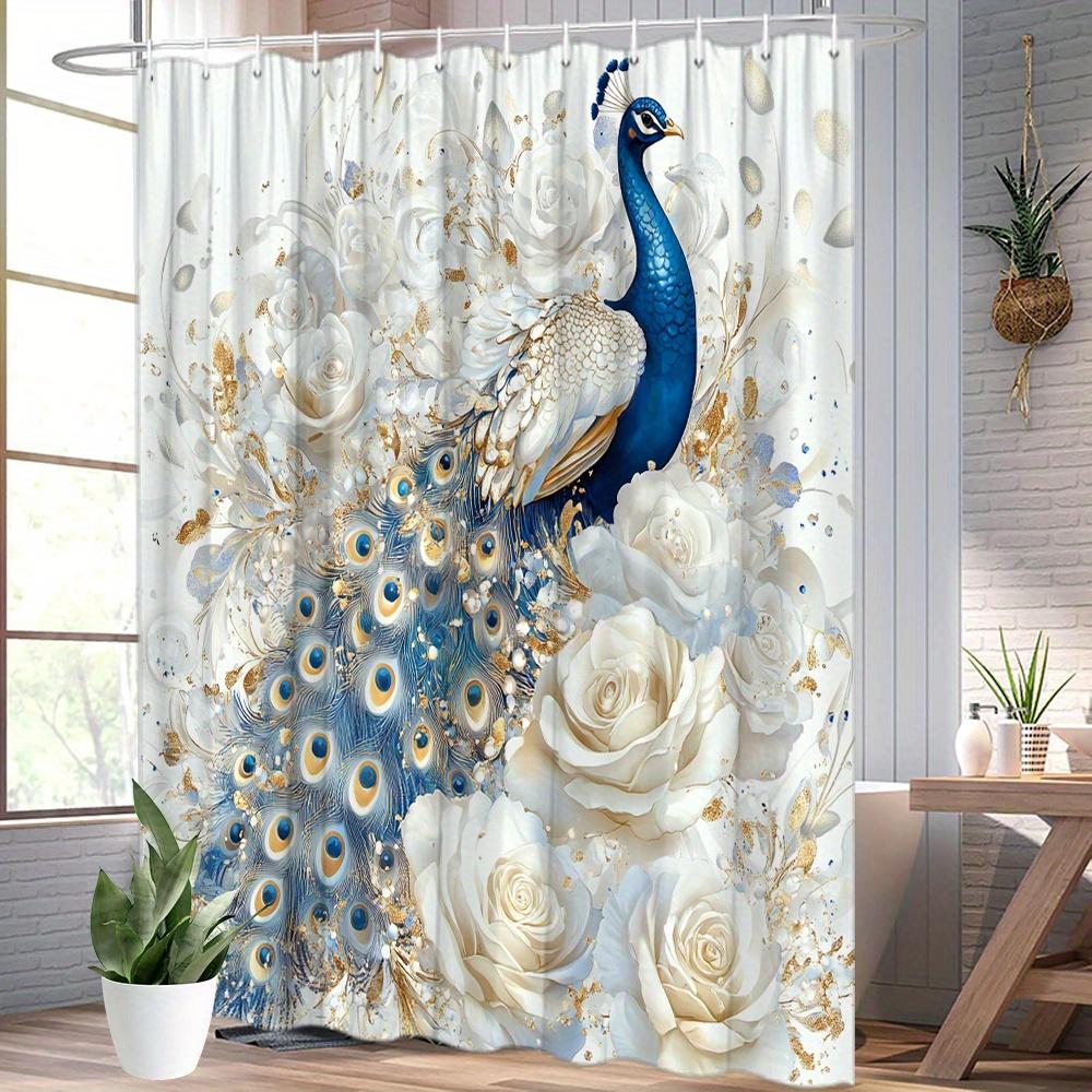 Blue Peacock With White Roses Shower Curtain 3D Artistic Design Waterproof Bath Decor Royal Luxury Bathroom Curtains