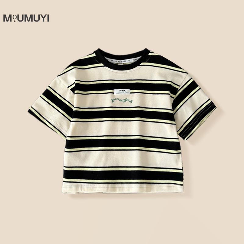 2025 Summer Boys' Pure Cotton Striped T-Shirt Set - Short & Half Sleeve Options