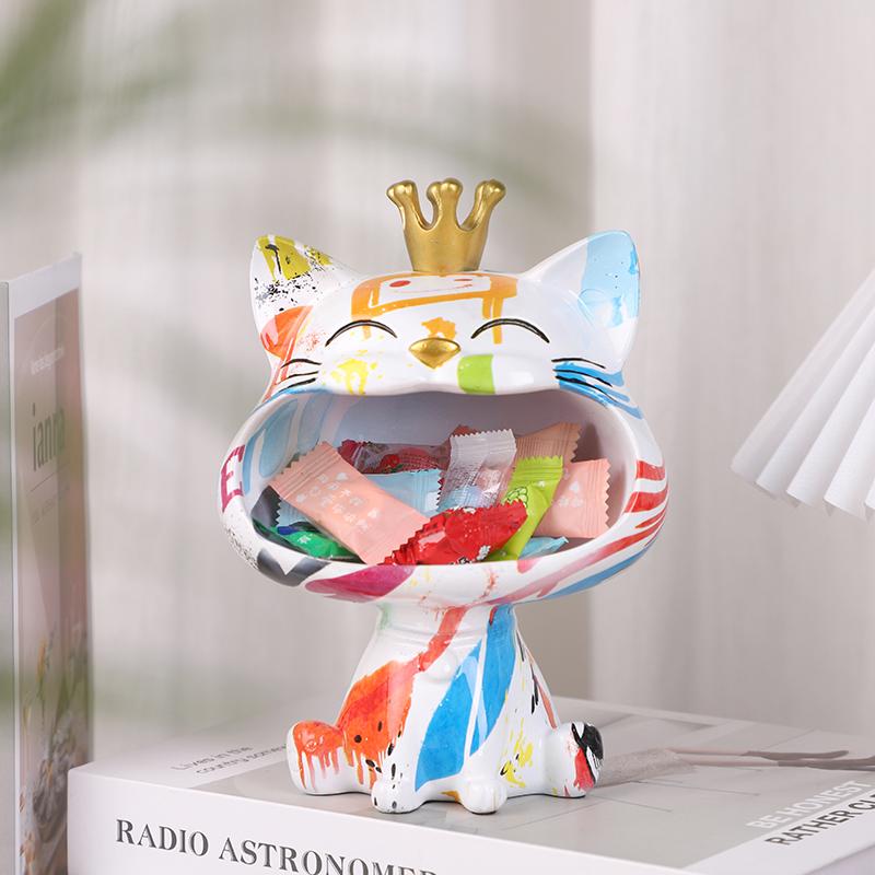 Graffiti Big Mouths Cat Figurine Resin Animal Statue Desktop Keys Candy Storage Box Home Entrance Office Living Room Decoration