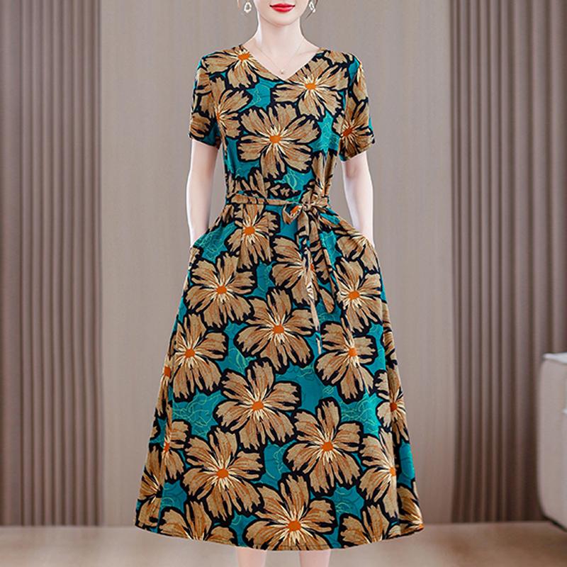 Langes Kleid mit Vintage-Print für Damen in Übergröße, lässiges kurzärmliges Sommerkleid mit Gürtel, Damenbekleidung mittleren Alters