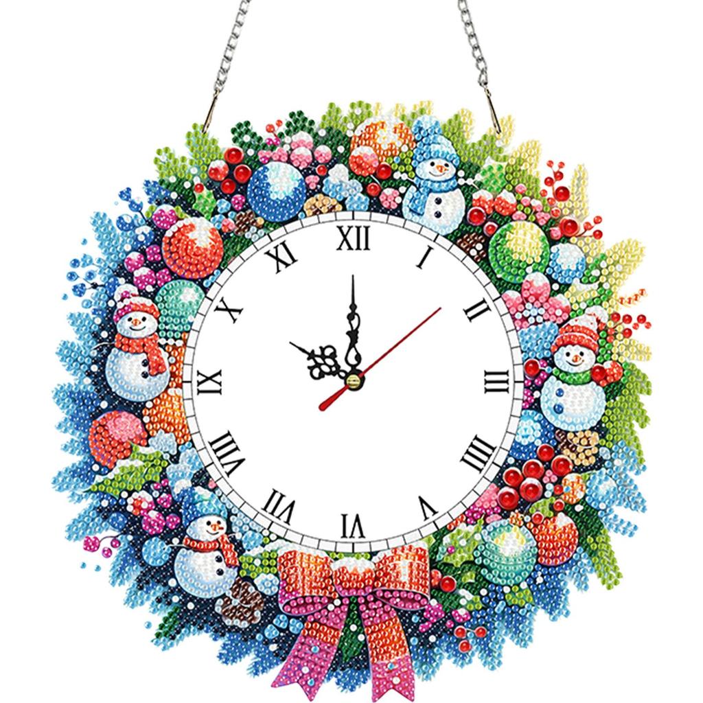 2D/Flat DIY Christmas Acrylic Diamond Painting Ornament with Clock Function Diamond Painting Clock Pendant for Home Decoration