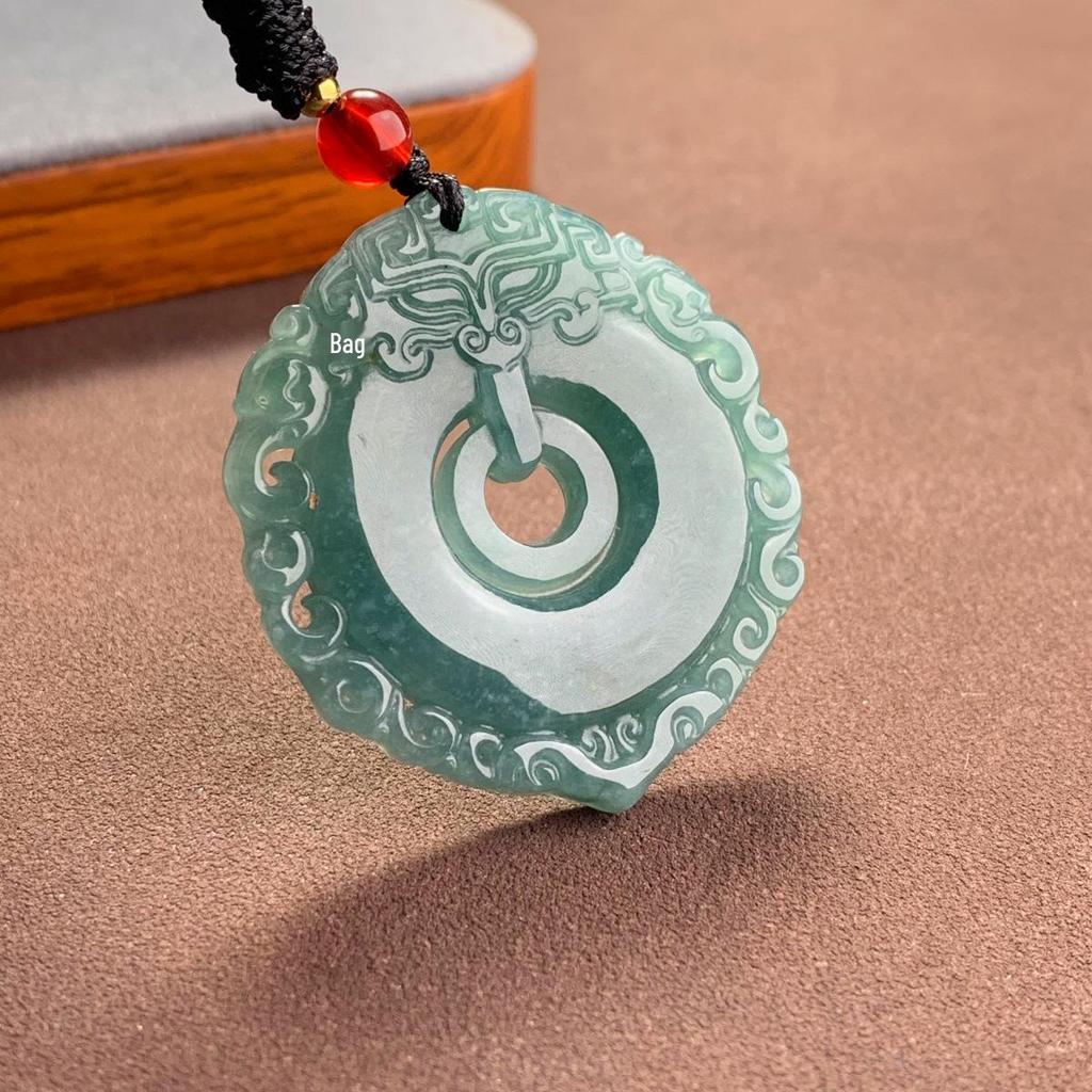 Natural A-Grade Ice Blue Jade Hollowed Peace Ring Pendant - Exquisite Chinese Retro Ornament