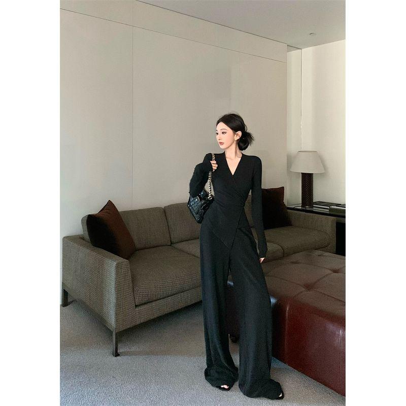 

Kumikumi Fashion Set Elegant All-Match Long sleeves Shirt Women Autumn High Waist Slimming Casual Trousers Two-piece Set Black Suit M