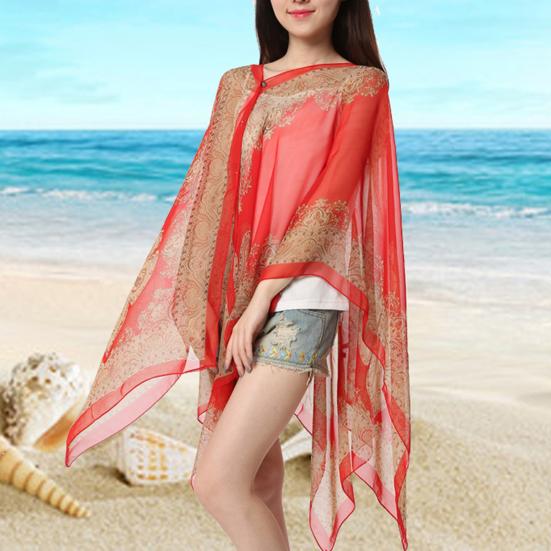Women Beach Shawl Sun Protection Printing Sunscreen Anti-UV Vintage Beachwear Chiffon Soft Buttons Summer Scarf Clothes Accessories