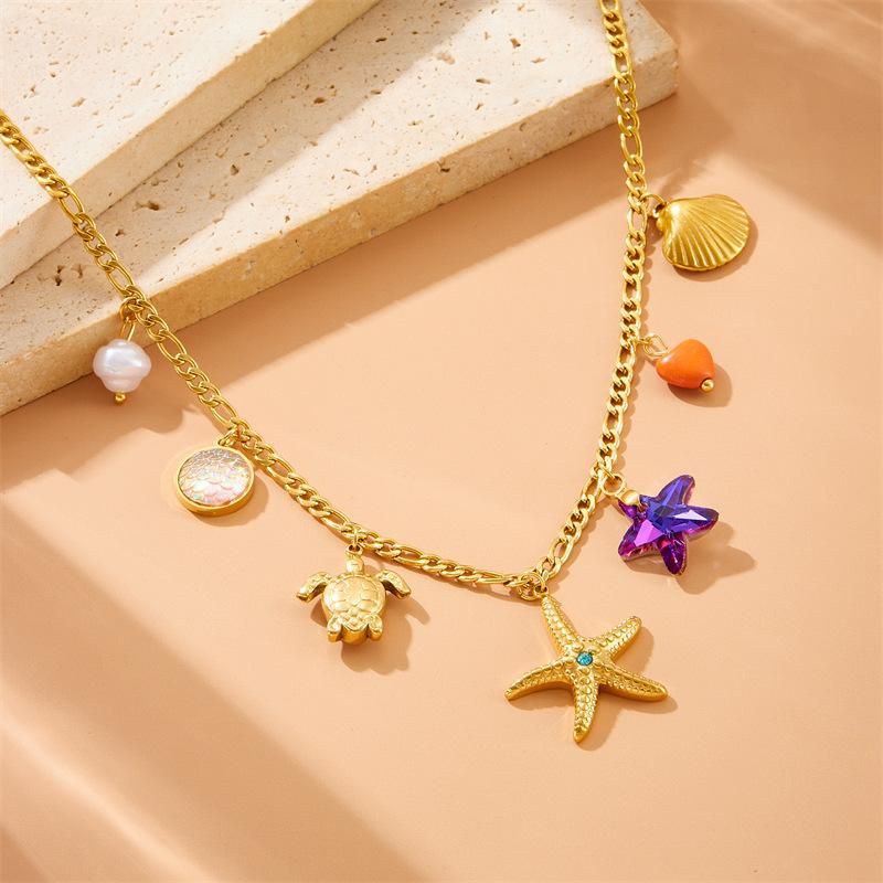 Stainless Steel Sea Animal Starfish Turtle Shell Resin Pendant Necklace Women's Jewelry Accessories