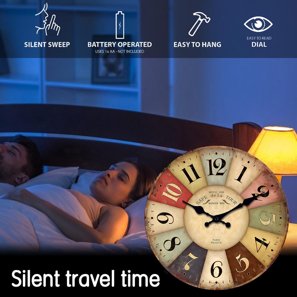 1pc Wooden Wall Clock, Country Retro Style Color Square Pattern Design Wall Clock, Home Mute Clock, Suitable for Home Decoration