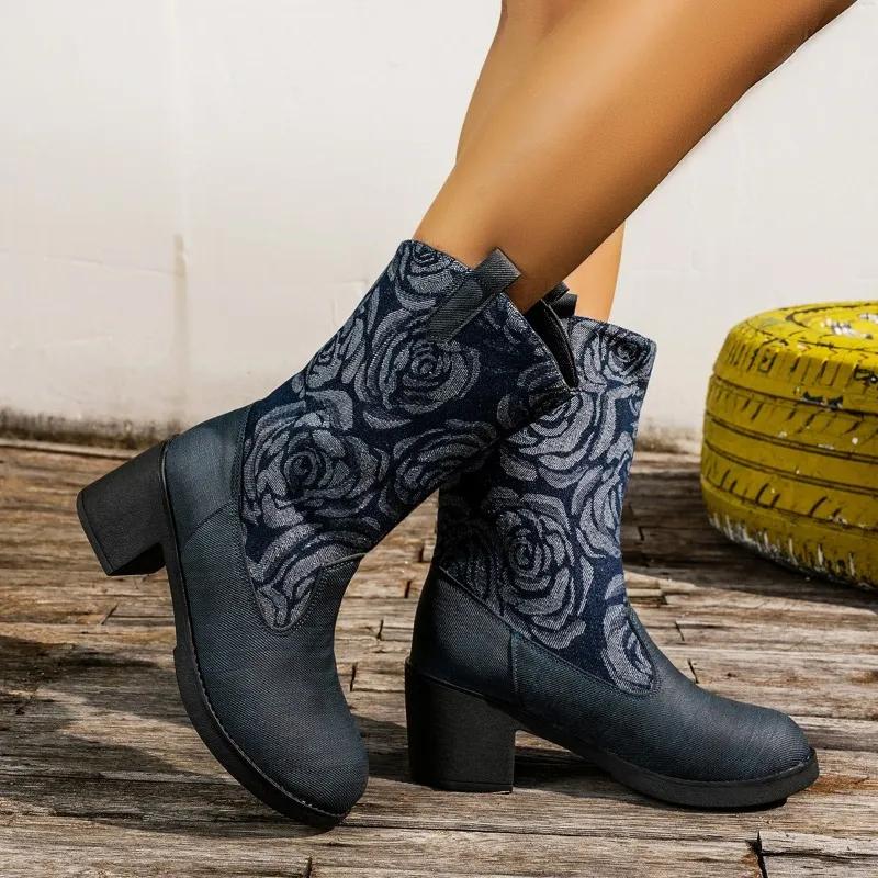 

2024 женская обувь высокого качества, женские ботинки без шнуровки, модные современные ботинки с принтом, женские новые туфли до середины икры с круглым носком, женские