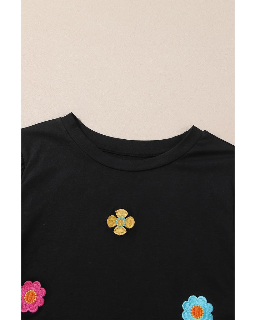 Azura Exchange Black Floral Embroidered Puff Sleeve Top