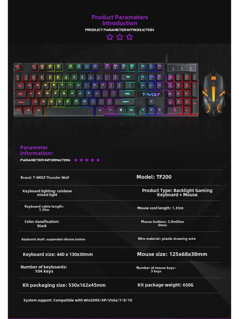 Thunder Wolf TF200 USB Wired Keyboard and Mouse Set - Mechanical Feel