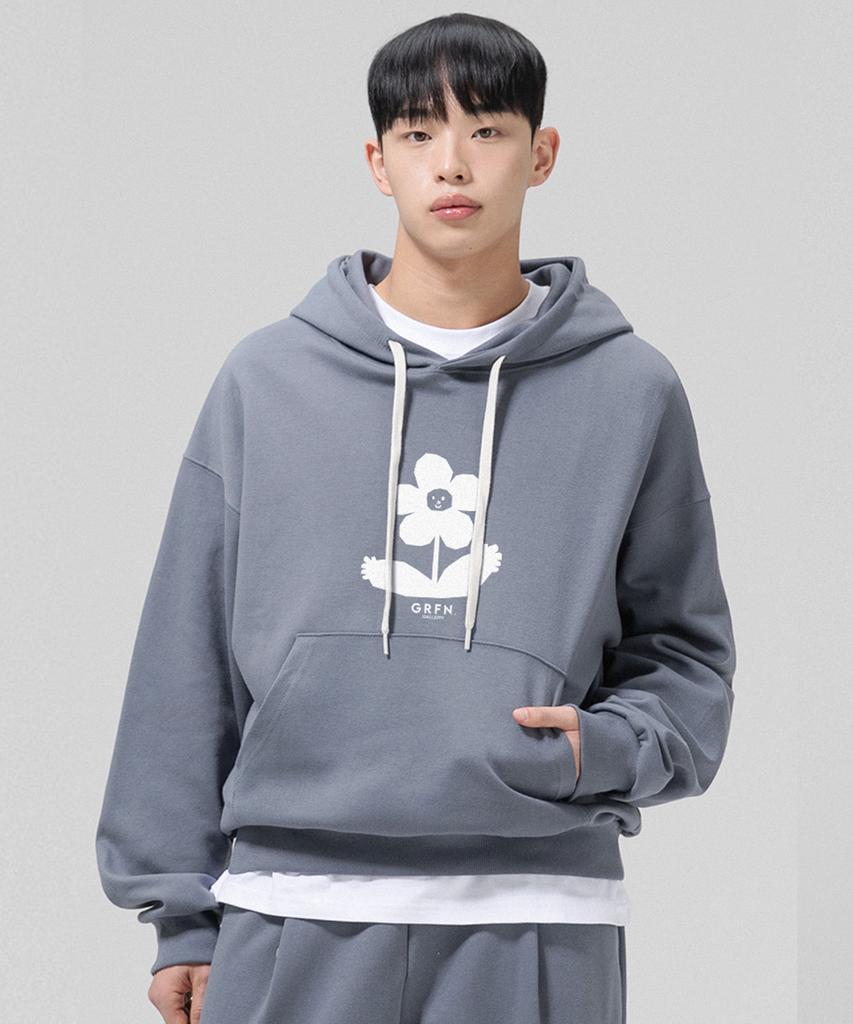 Oversized Double-Sided Brushed Kitsch Flower Balloon Hoodie - Gray
