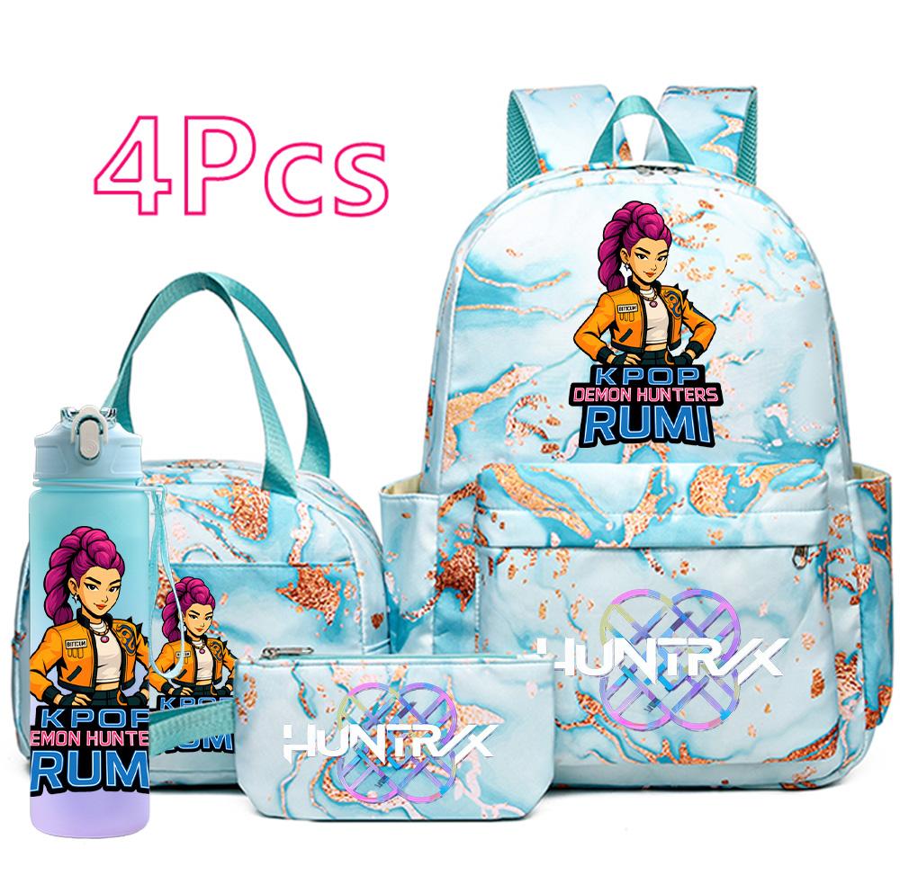 4Pcs/set Cartoon K-Pop Printed Large Capacity Backpack Handbag Pencil Case with 750Ml Water Bottler for Teenager Boy Girl Schoolbag Bookbag Kid Gift