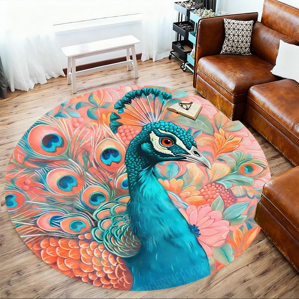 1PC Peacock Flowers Office Round Area Rug, Under Office Chairs Bedroom Living Room Home Decor,Carpet for Office, -1110173