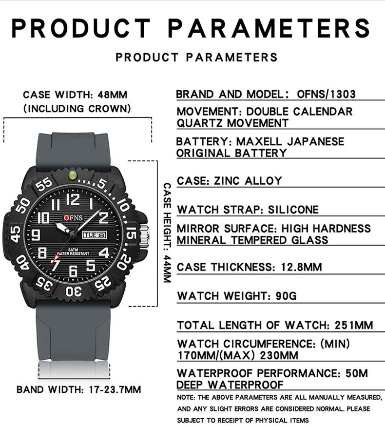 OFNS 1303 High-end Electronic Double Calendar Quartz Watch Fashion Trend Men's Watch Digital Waterproof Wristwatch