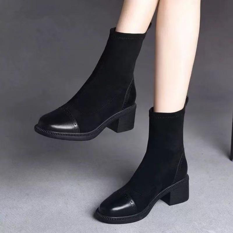 Coarse Heel Round Head Suede Splicing Martin Boots Velvet and Thin Leather Boots for Women's Autumn and Winter New Versatile Fashion Boots for Women
