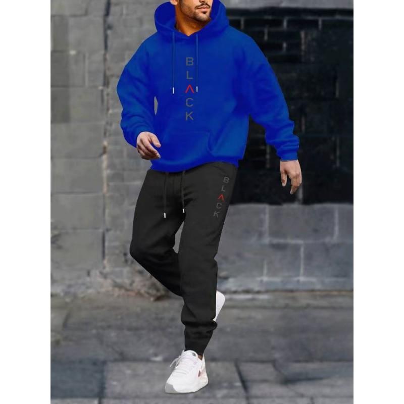 Mens Hooded Fleece Sweatshirt Set Black Letter Print Casual Sportswear Tracksuit