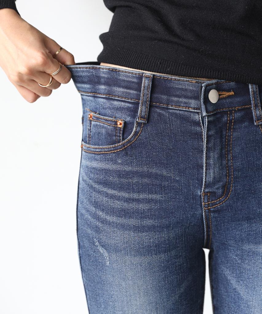 Jikeulib Double-Weave Brushed Fleece Secret Elastic Waist Cut-Off Hem Stretch Jeans