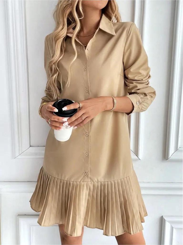 2025 Autumn/Winter European & American Pleated Patchwork Dress with Shirt Collar & Twist Button