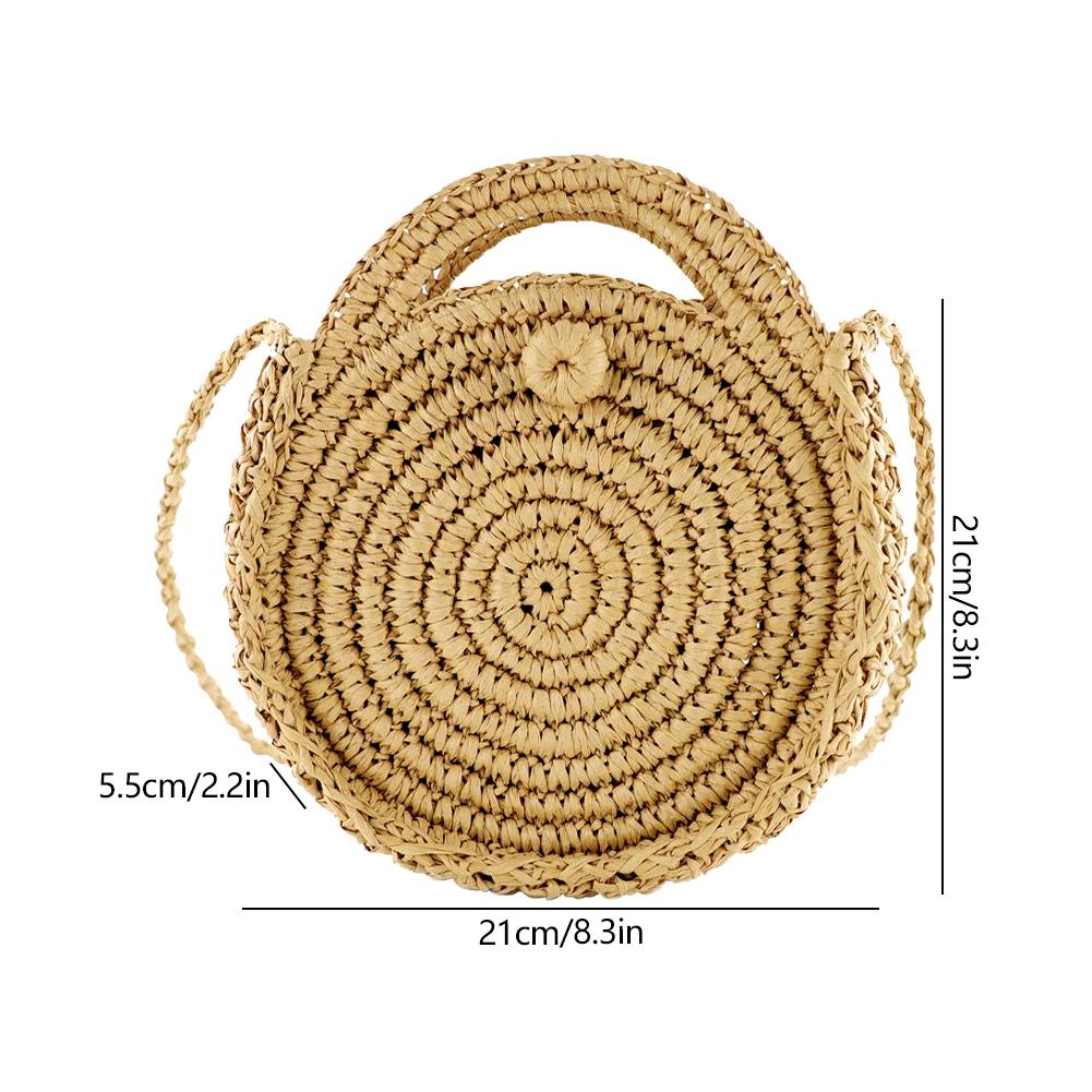 Women Fashion Woven Handbag Round Straw Woven Tote Bag Vacation Shoulder Bag Large Capacity Ethnic Style for Travel Vacation