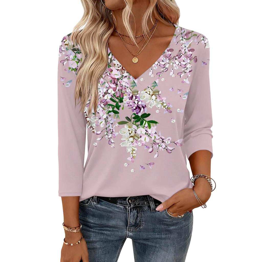 Damenoberteile mit 3/4-Ärmeln V-Ausschnitt Hemd Lässige Bluse Basic T-Shirts