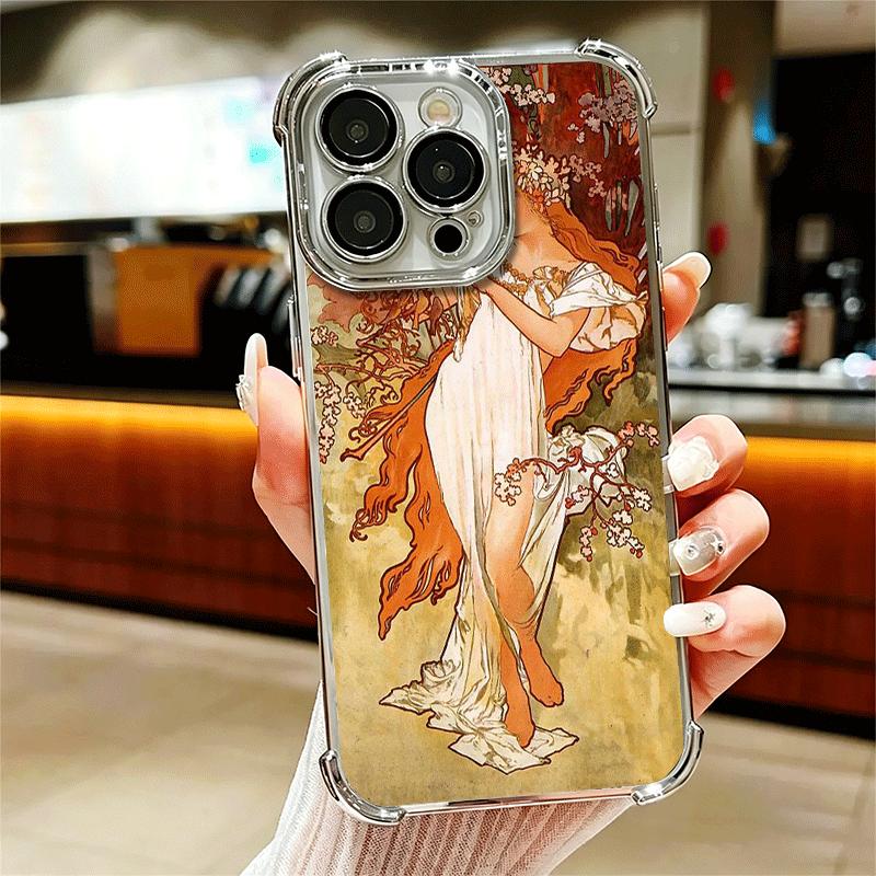 Vintage Alfons Mucha Primavera Soft Phone Case For iPhone 15 16 17 Air 14 Pro Max 16E Plus 13 12 Mini Plating Anti-Fall Fundas