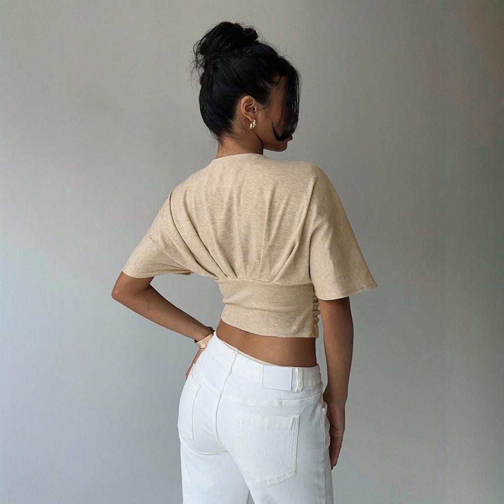 Women's V Neck Short Sleeve Crop Top Slim Fit Casual Ruched Knit T Shirt Batwing Sleeve Blouse