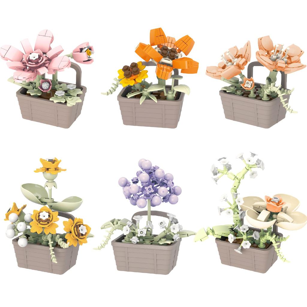 WALWAL Mini Blumen-Bonsai-Block-Set Niedlicher Topfblumenkorb Zusammengebaute künstliche Grünpflanzen Perfekt für Schreibtische und Raumdeko