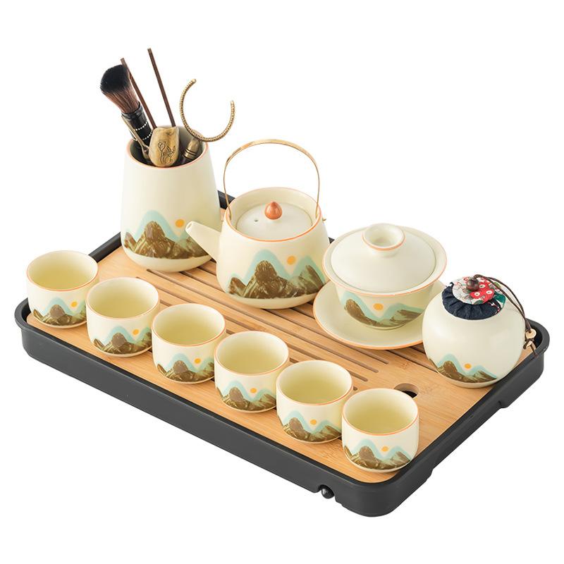 Business Gifts Ru Kiln Qingshan Tea Set Retro Light Luxury Set with Tea Tray Household Tea Souvenir