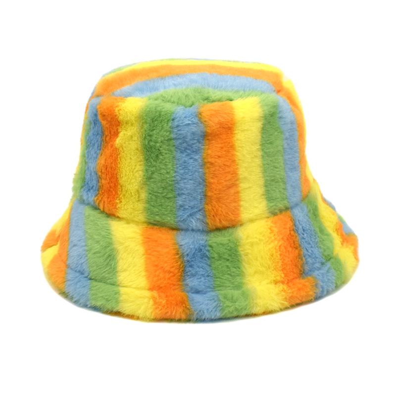 Unisex Bucket Hat Striped Women Men Fishing Fisherman Hat Autumn Winter Faux Fur Wool Outdoor Warm Panama Cap