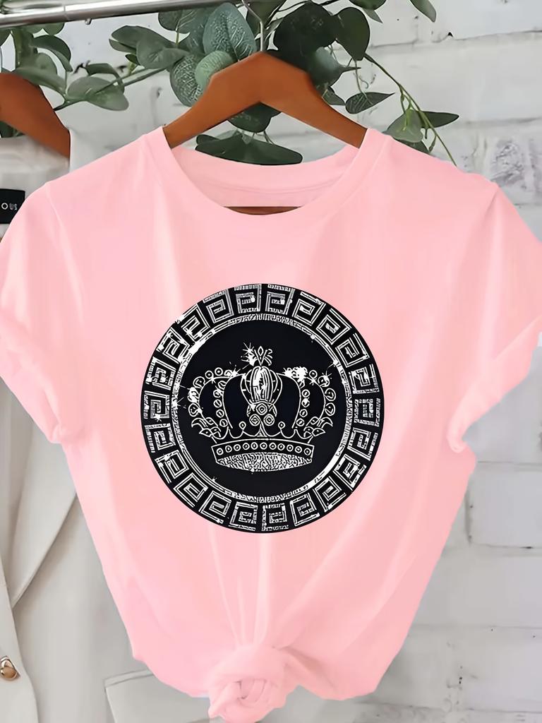 Design Sleeve Round Neck Allseason Casual Detailed Print Women'S Casual Summer T-Shirt with Crown & Greek Key Print