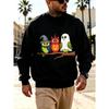 Men's Graphic Print Crew Neck Sweatshirt With Three Owls Witch Hat Pumpkin Costume Branch Halloween, Loose Fit Streetwear.