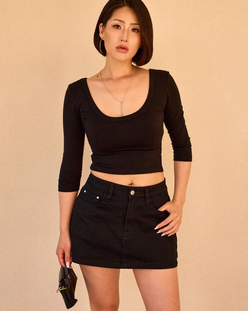 Kulsiseu Cs Slim U-Neck 3/4 Top-069 (Black)