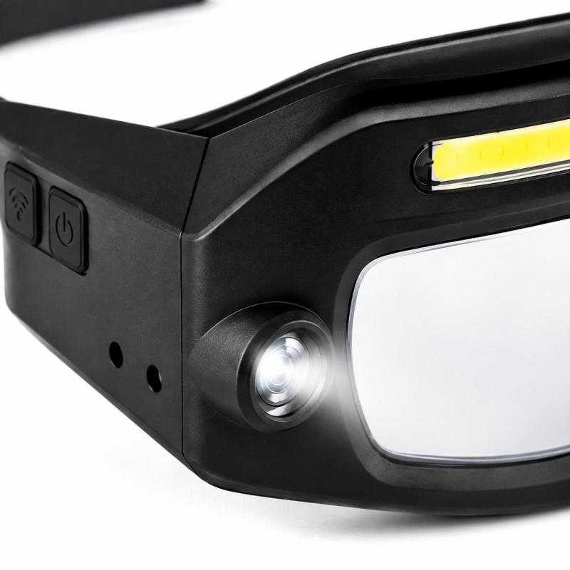 Rechargeable Light Glasses with Horizontal Light Bar and Round Front Lamp, Clear Acrylic Lens for Camping and Outdoor Inspection Tasks