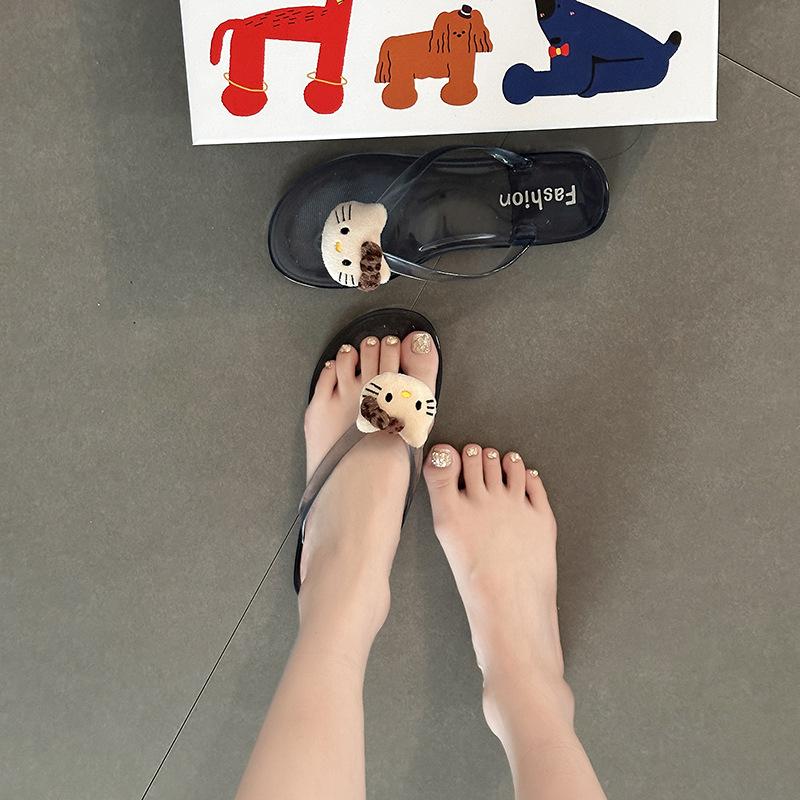 2025 Summer Fashion Versatile Sandals Thick Bottom Flip-flops Women's Cartoon Animation Toe Crystal Flat Bottom Cool Slippers