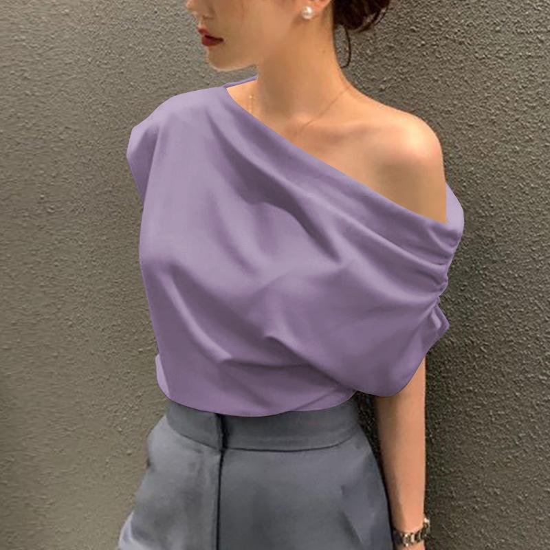

Irregular Slanted Shoulder Design Sense Loose Solid Color Pullover Short Sleeve T-Shirts Women’s XXL фіолетовий