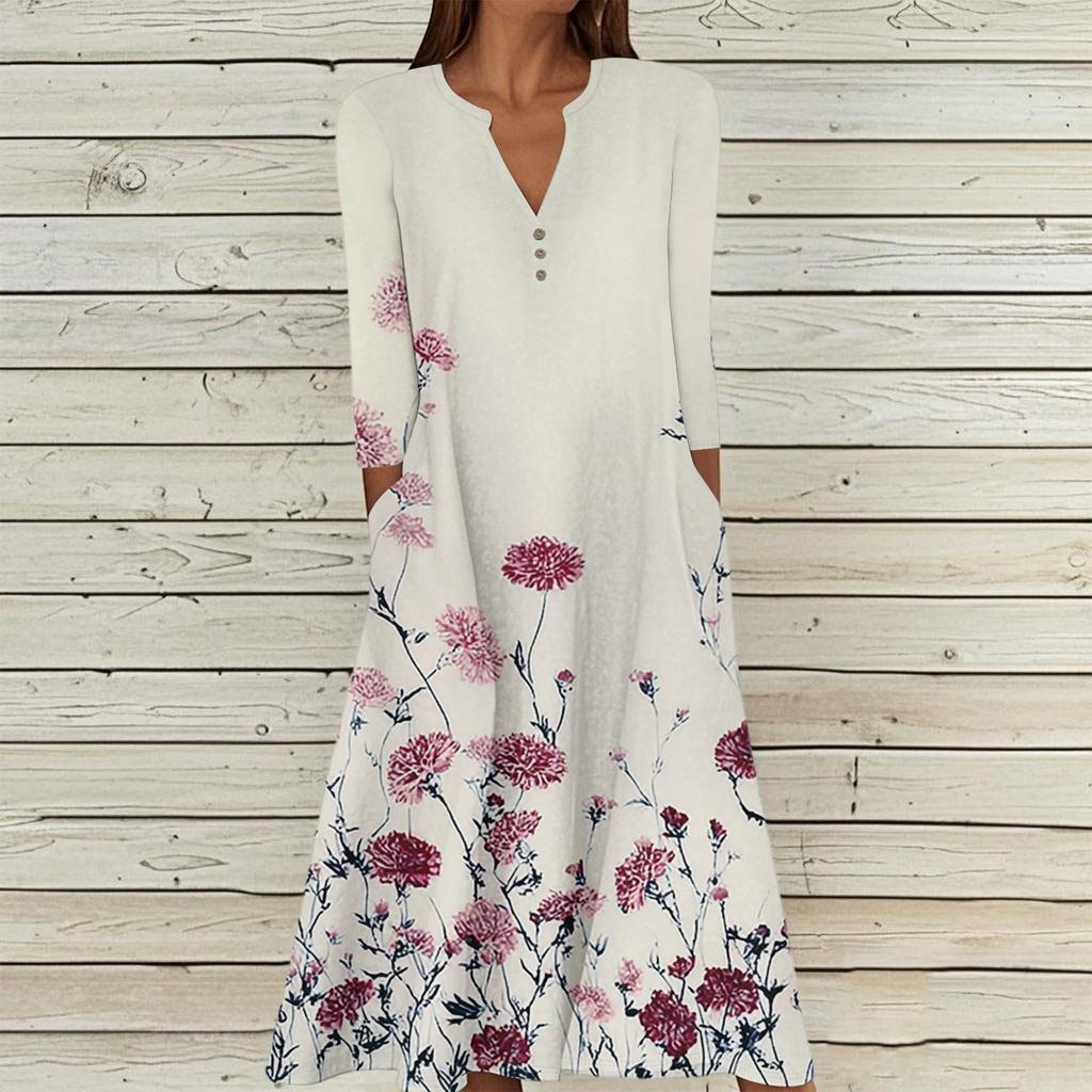 Women's Summer Casual V-Neck Button Vintage Floral Print Three-quarter Sleeve Long Dress With Pockets