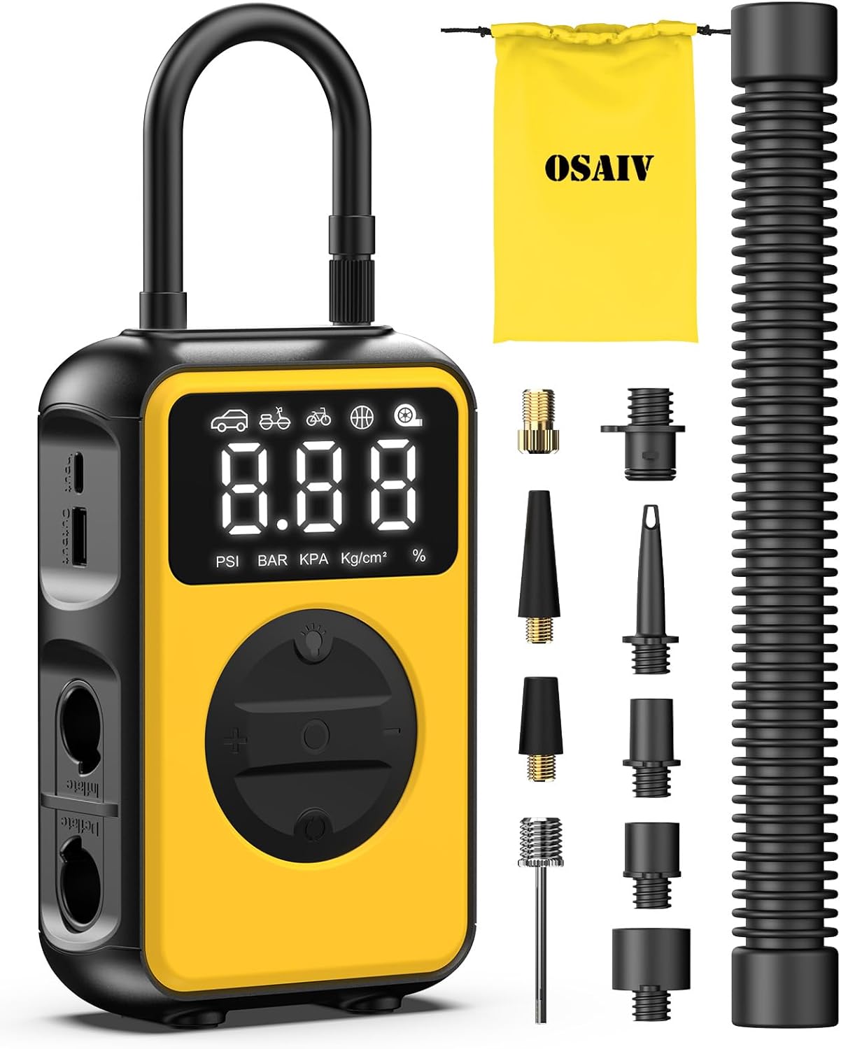 

Портативный насос для накачивания шин 150 фунтов на квадратный дюйм, воздушный компрессор для автомобиля, велосипеда, надувного матраса жёлтый