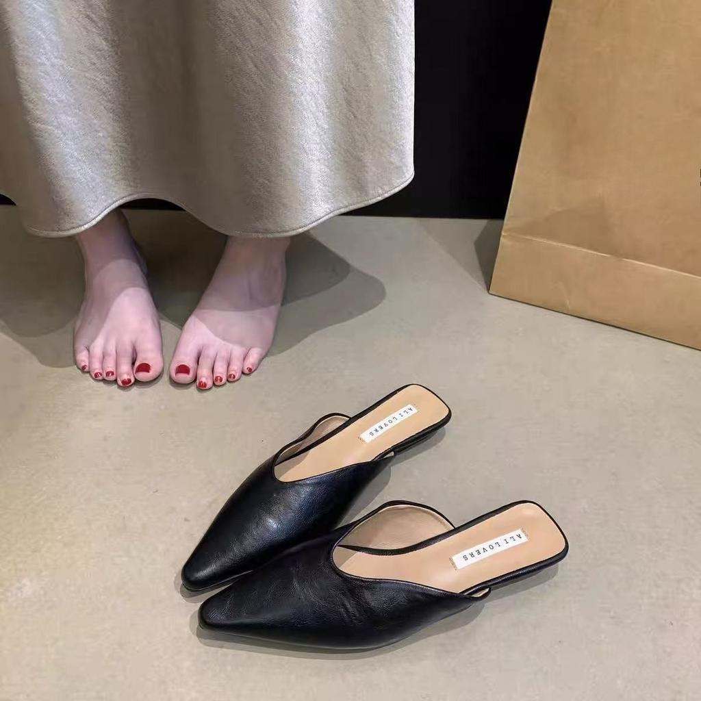 Flannelette Wrapped Half Drag Women Wear 2026 New Pointed Toe Lazy Low-heeled Slippers