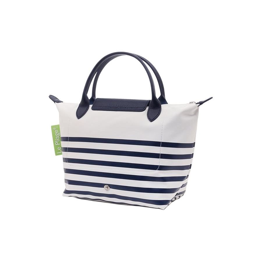Longchamp Le Pliage 23 Striped Snap Zipper Closure Short Handle Canvas And Leather Dumpling Tote Bag Small Women Tote Bags Navy-Blue White 1621HDF165