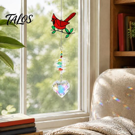 Natural Wildness Window Hangings Faux Crystal Red Bird Suncatcher with Chain, Hanging Ornament Reflective Light Catchers for Porch Prism Heart