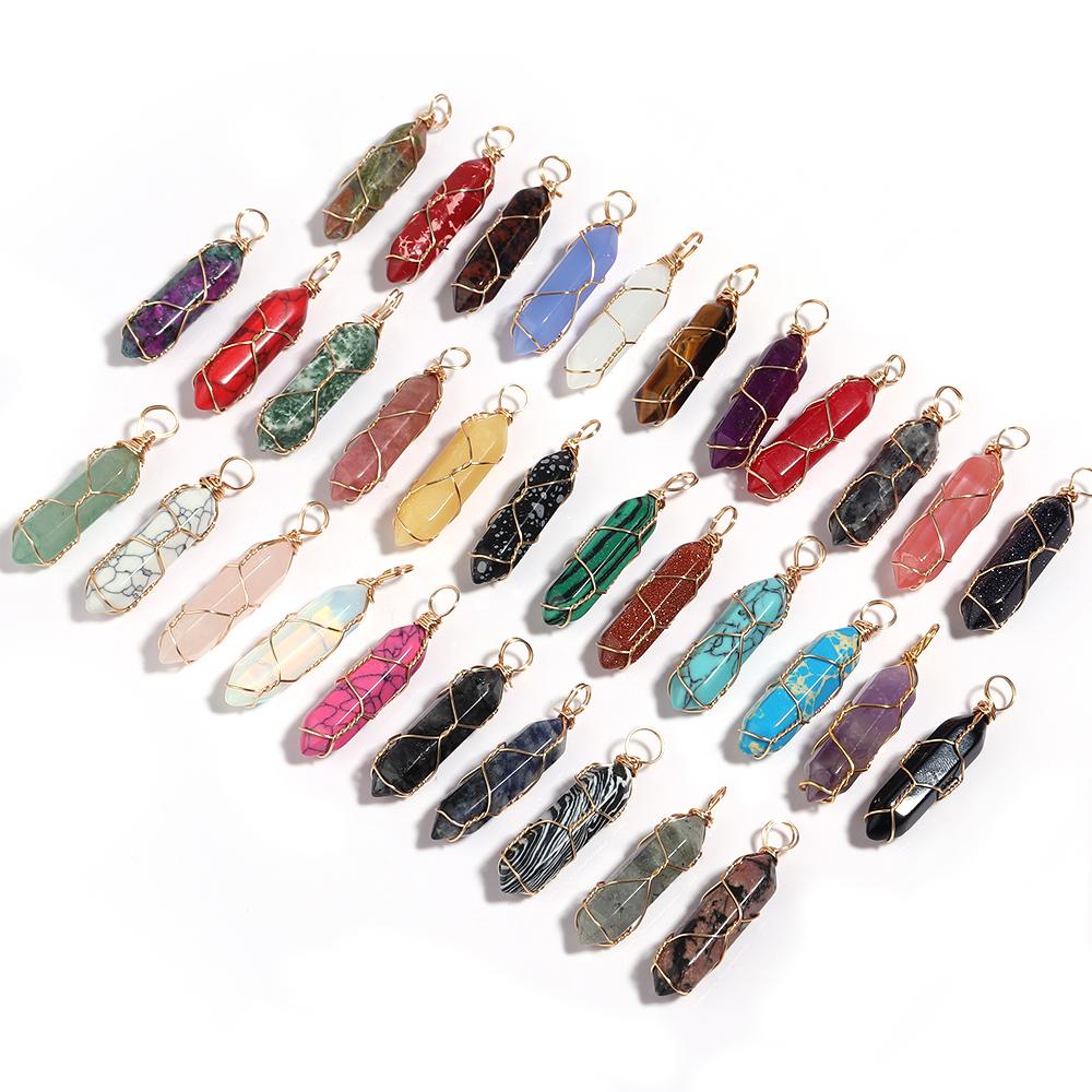 1 Pc Natural Stone Charms 40mm Color Bullet Shaped Handmade Gold Wire Pendants for DIY Necklace Gifts Jewelry Making Accessories