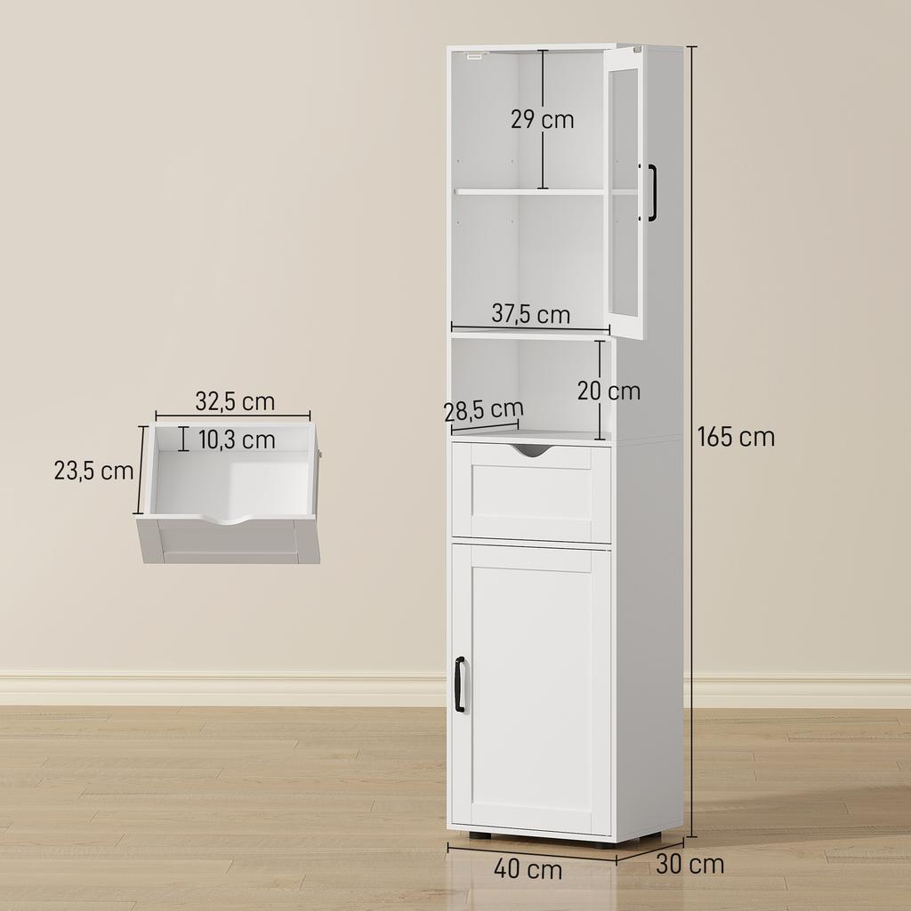 Narrow Bathroom Column with Glass Door Adjustable Shelves Drawer Open Shelf 40x30x165 Cm White